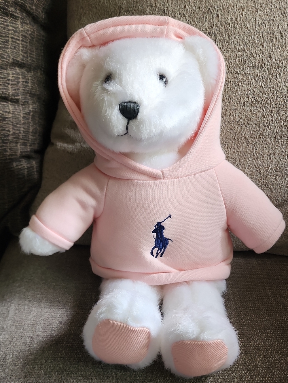 Ralph Lauren White Plush Bear in Light Pink Hoodie with Navy Logo